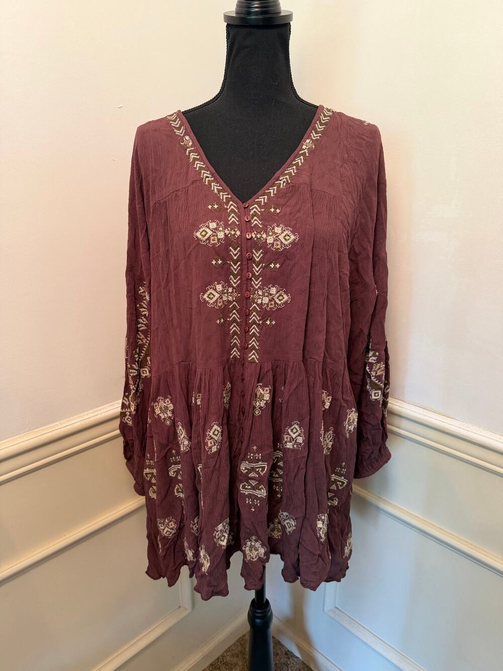 NWT Free People Arianna Embroidered Peasant Mini Tunic Top Bark Brown Boho